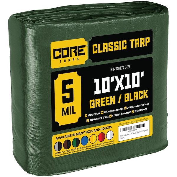 Core Tarps Heavy Duty Tarp, 10 ft L x 0.5 mm H x 10 ft W, 5 Mil, Green/Black, Polyethylene CT-503-10X10 - main